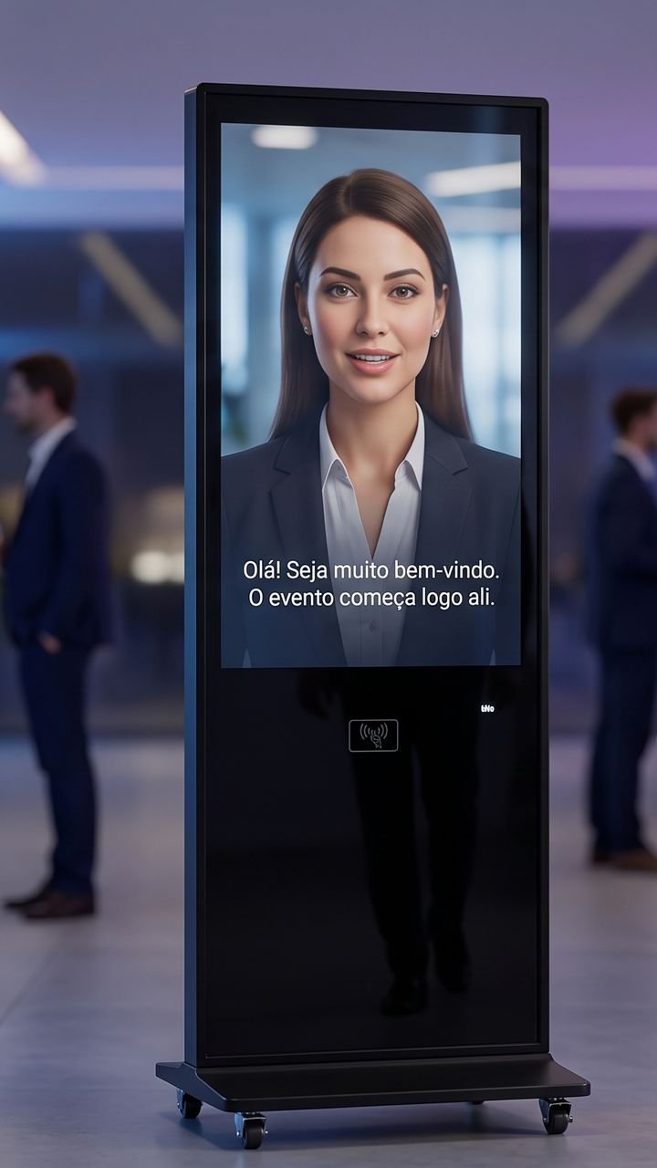 Totem preto dando boas-vindas aos convidados em um evento